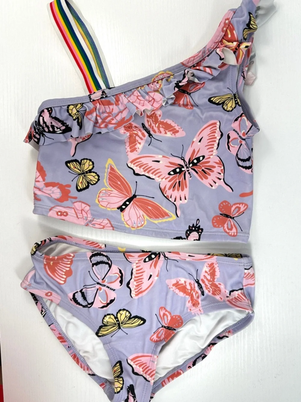 Hanna Andersson girls one-shoulder ruffle tankini swim set purple butterfly 6-7