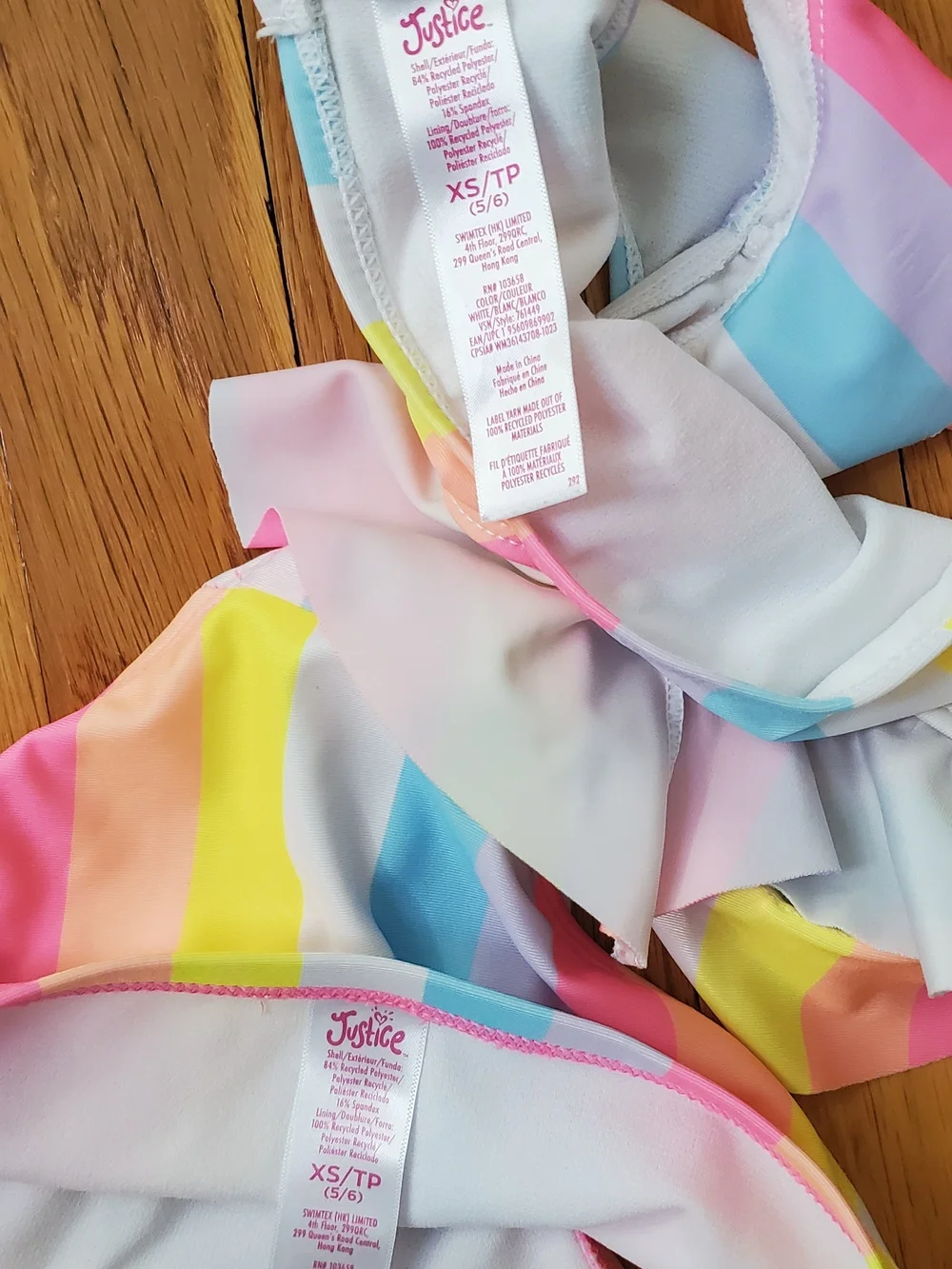 Justice Pastel Rainbow Stripe Ruffle Bikini - Pink, Blue, Yellow, White