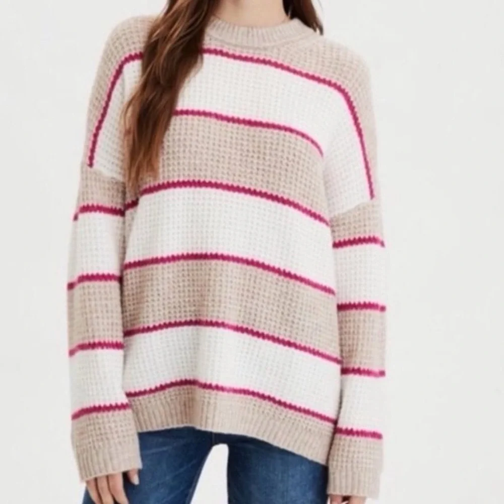 AEO Dreamspun Pink Cream Tan Oversized Stripe Sweater XS