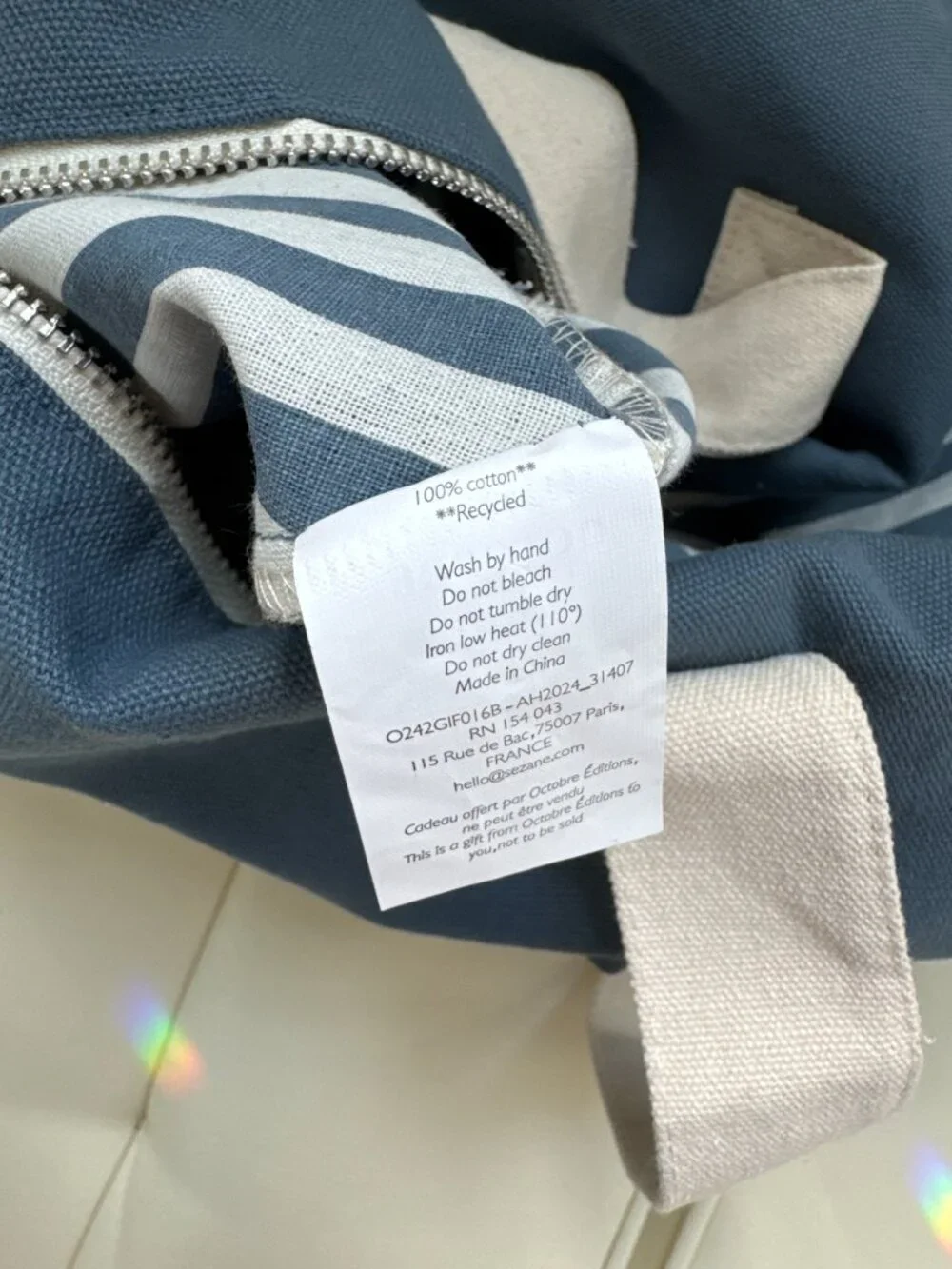 Sezane Octobre Editions vintage blue cotton canvas gym duffel bag white handles