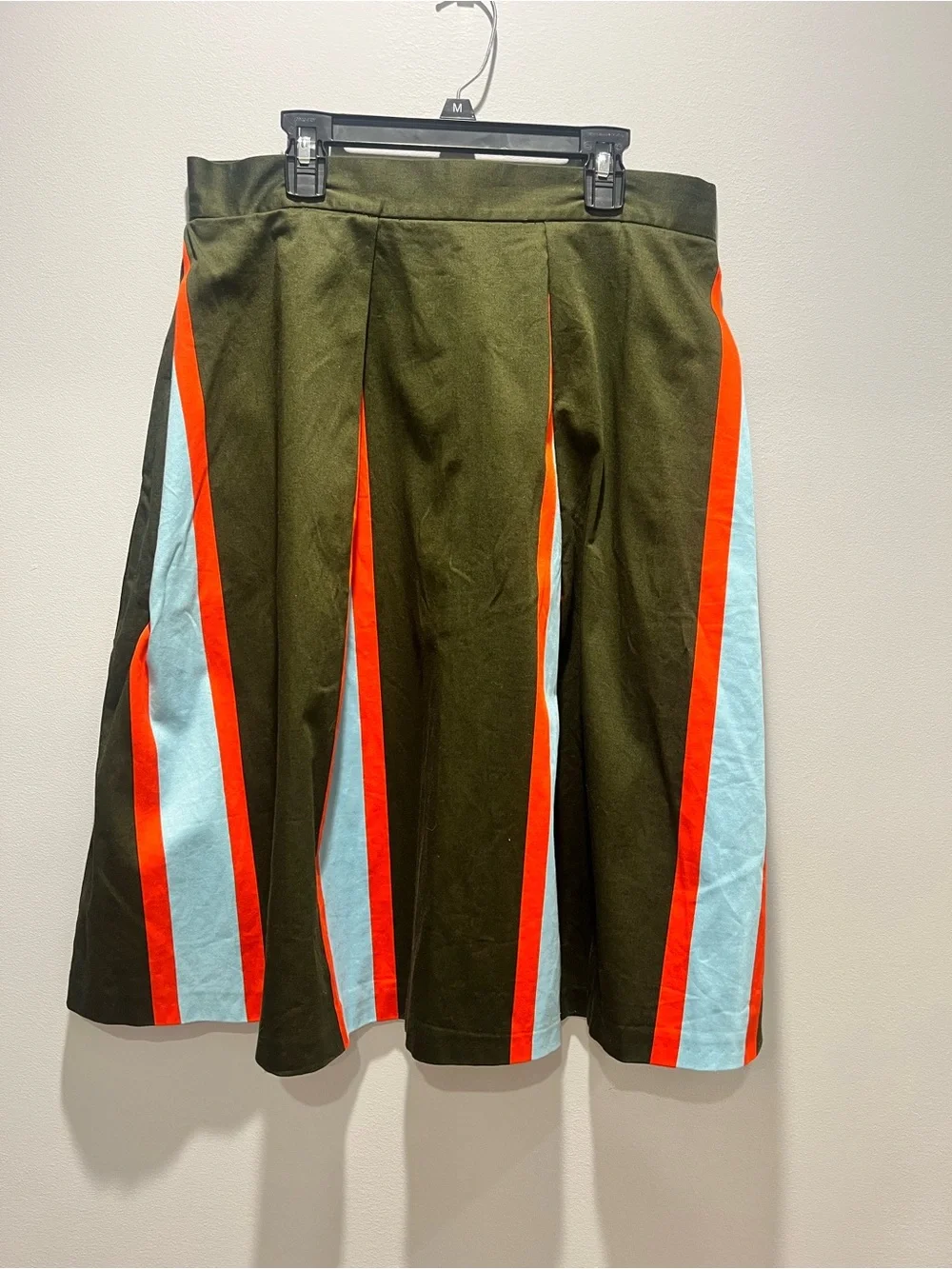 Closet London Striped Box Pleat Bell Midi Skirt Olive Green Orange Mod Size 10