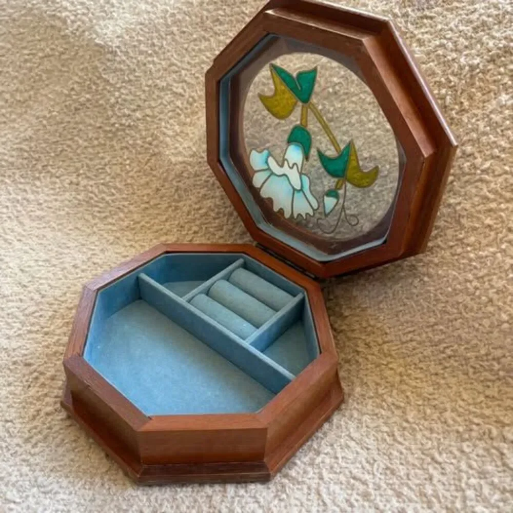 Octagonal Wooden Jewelry Box with Floral Glass Top