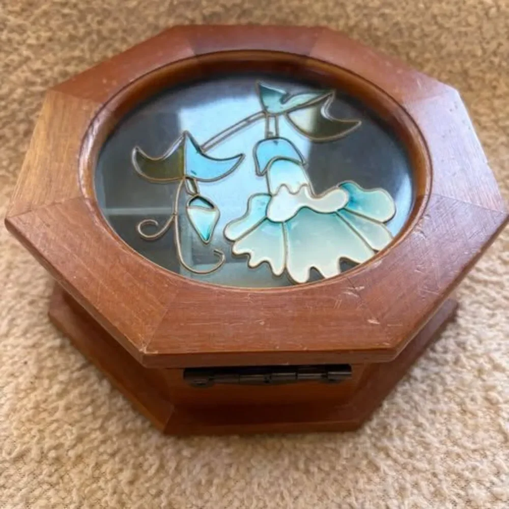 Octagonal Wooden Jewelry Box with Floral Glass Top