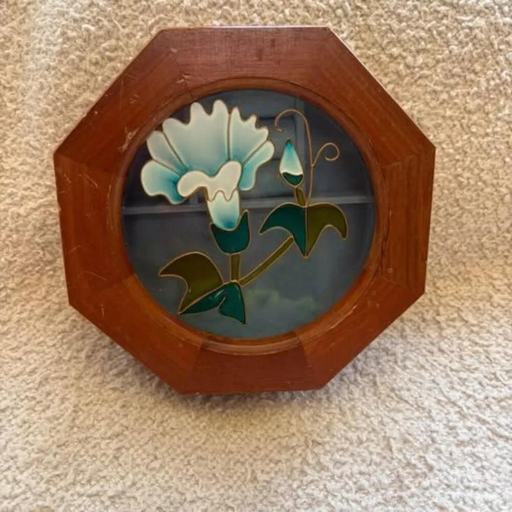 Octagonal Wooden Jewelry Box with Floral Glass Top
