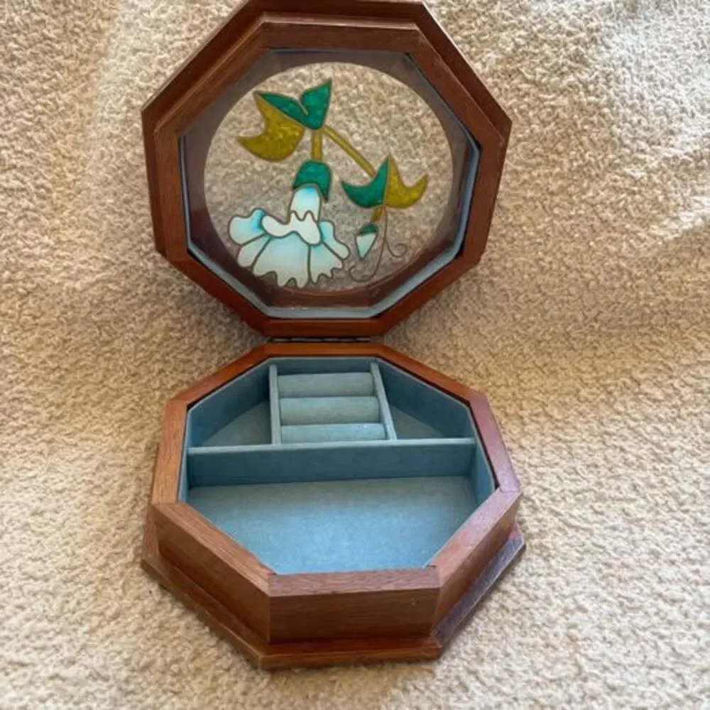 Octagonal Wooden Jewelry Box with Floral Glass Top