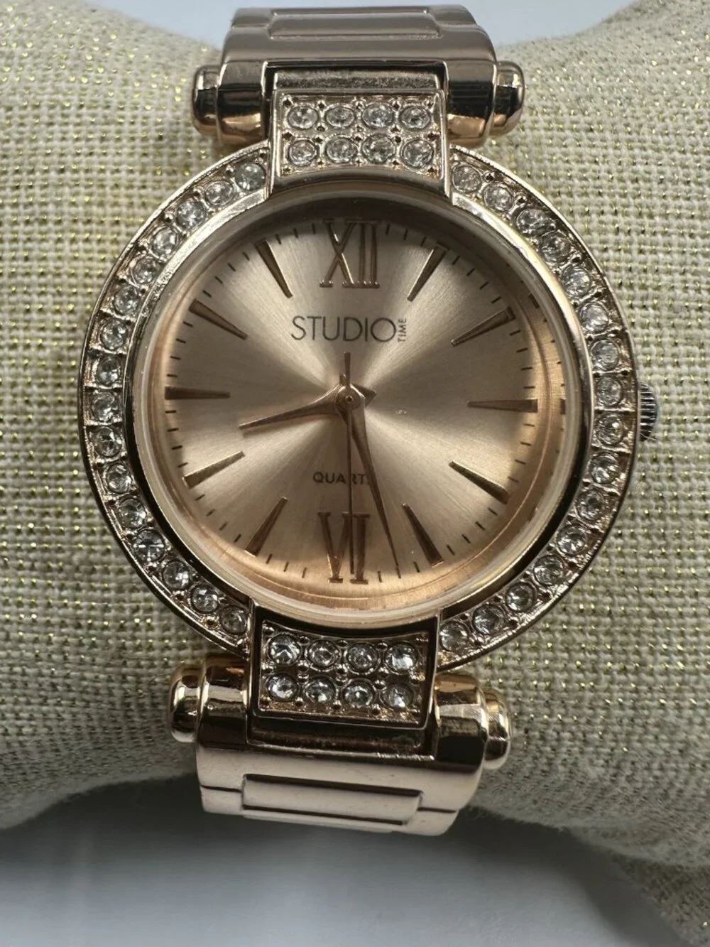 3/$30 Studio Time Watch Women Rose Gold Tone Rhinestone Bezel Cuff Band 6.25