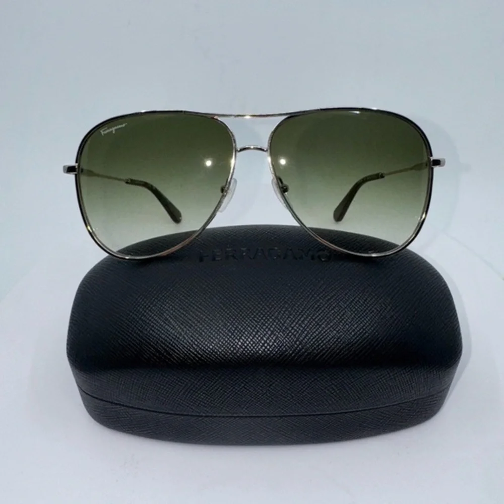 New! Salvatore Ferragamo Gold/Green Oversized Aviator Sunglasses with Case