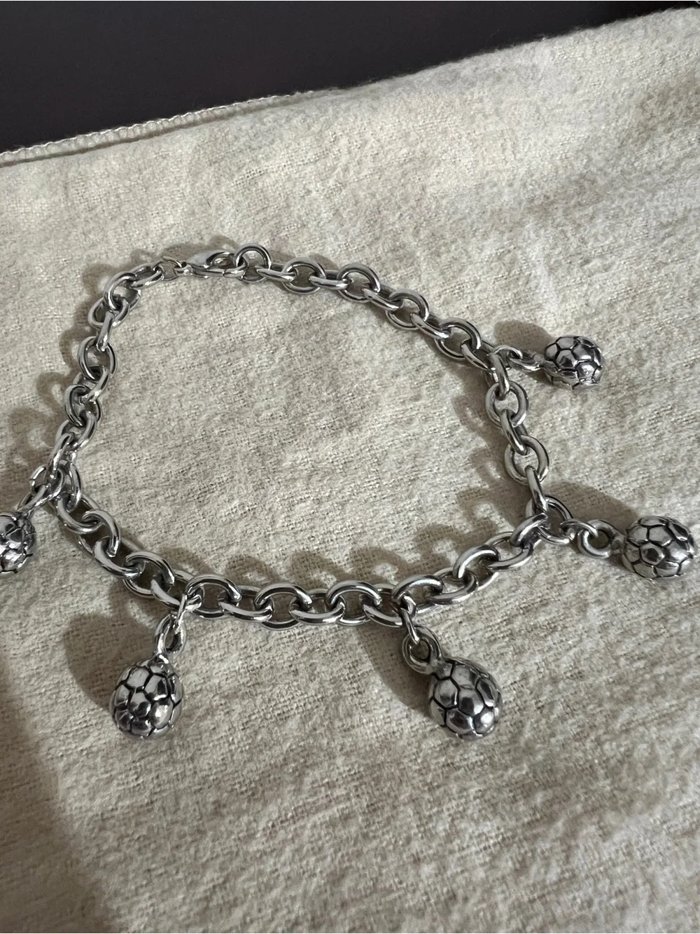 Vintage Rolo Link Stainless Steel Silver Soccer Charm Ball PendantCharm Bracelet