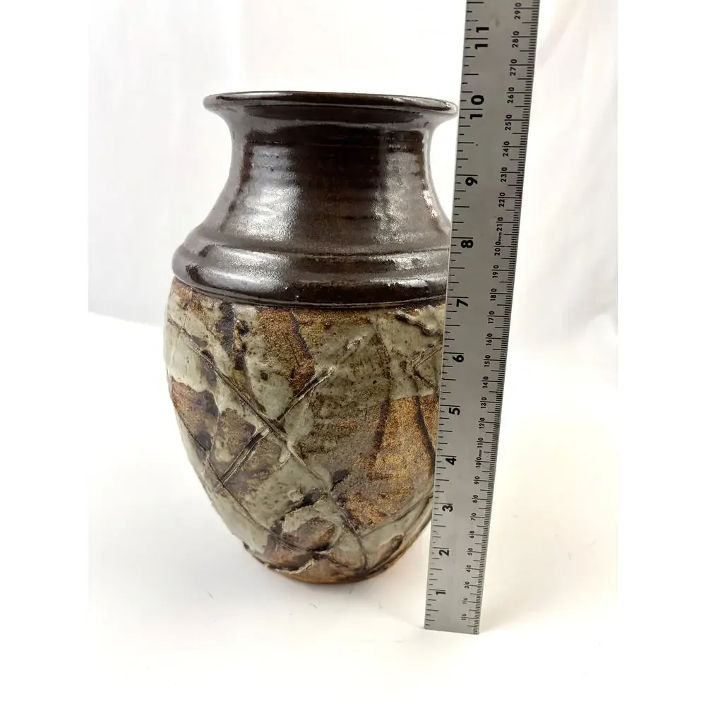Vintage Studio Art Pottery Vase‎ Impressed Leaf Design Rustic Stoneware Glaze