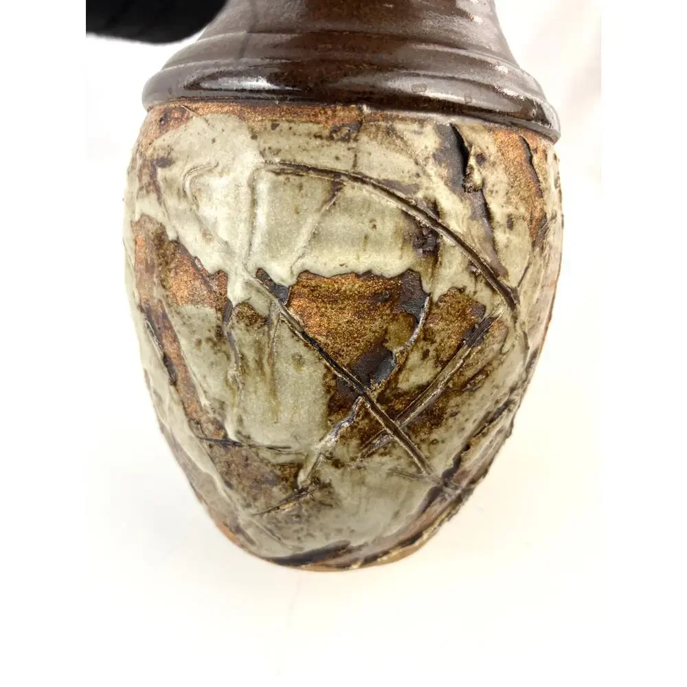 Vintage Studio Art Pottery Vase‎ Impressed Leaf Design Rustic Stoneware Glaze