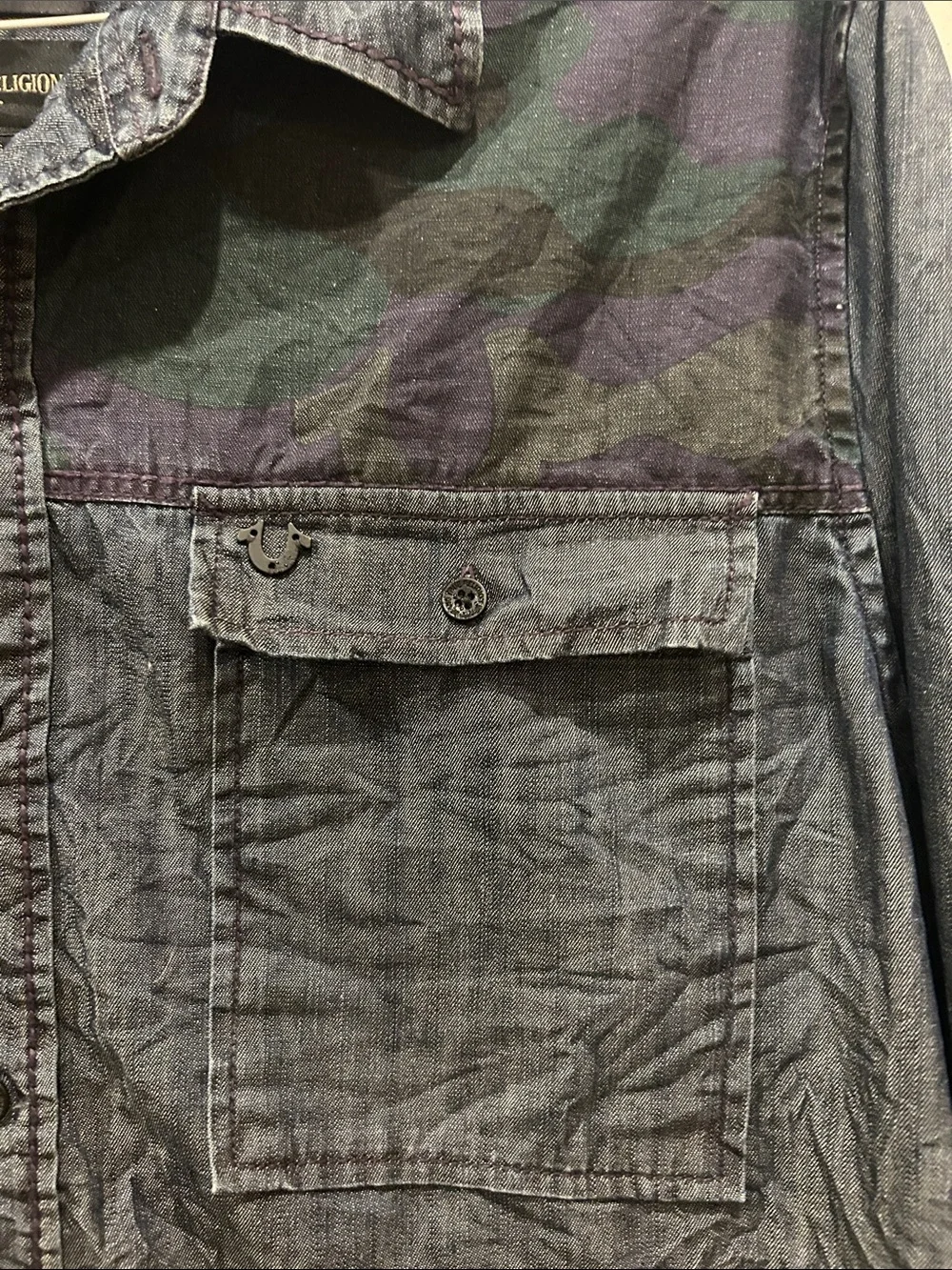 True Religion Blue Denim Shirt Jacket with Camouflage Yoke
