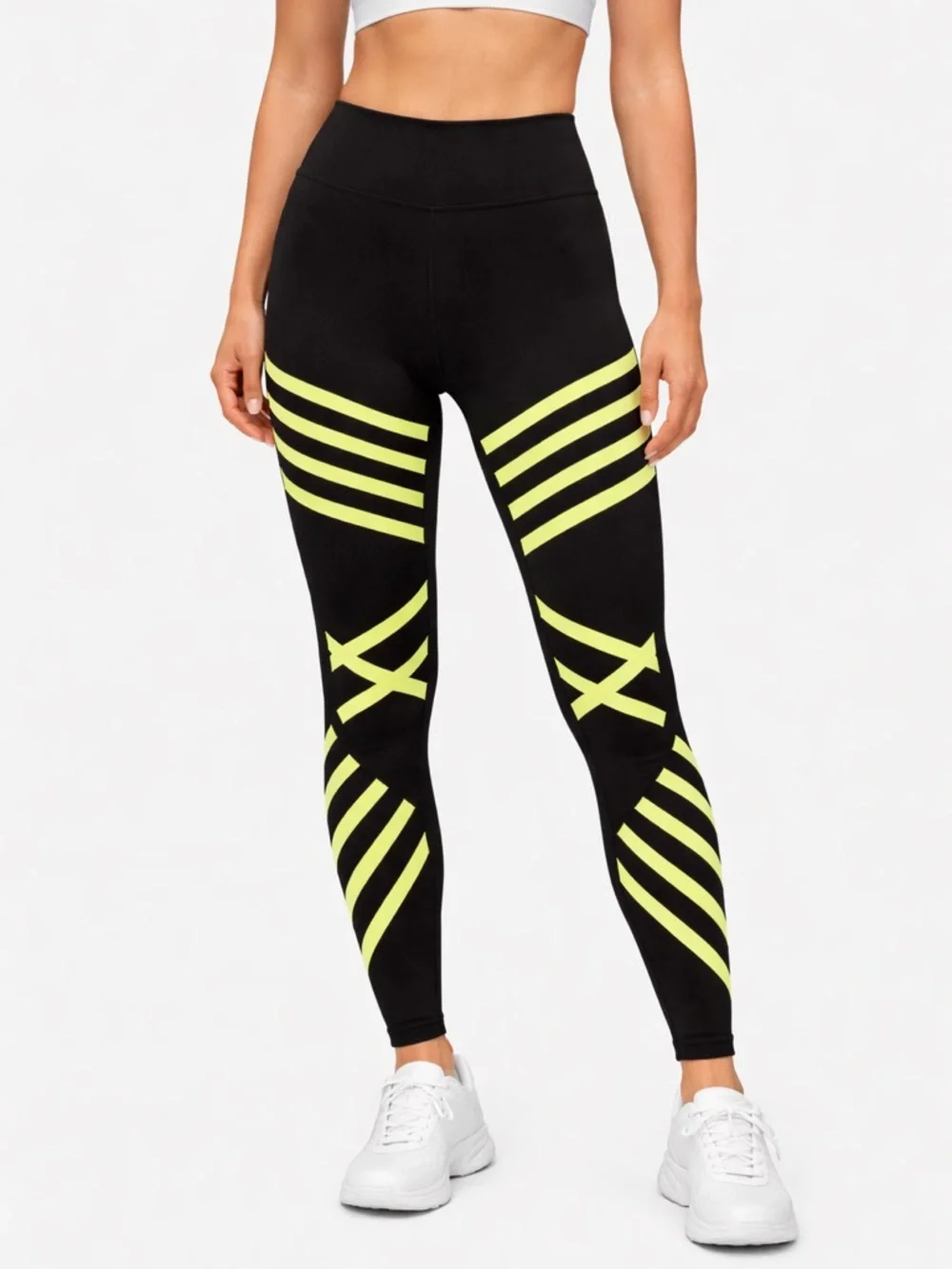 ALO YOGA High Waist Leggings Black Neon Yellow Striped Athletic Pants Size M‎