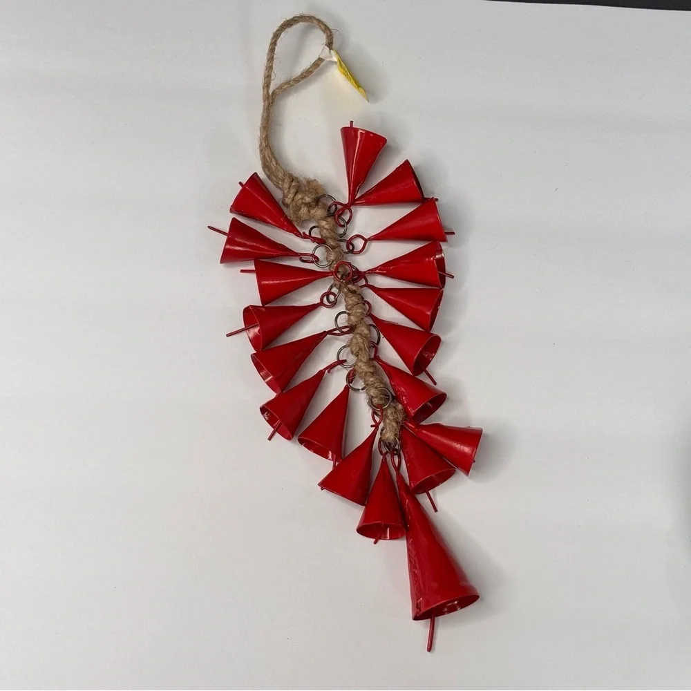 Anthropologie Terrain Red Bell Charm Christmas Twisted Jute Rope To Hang 12” NEW