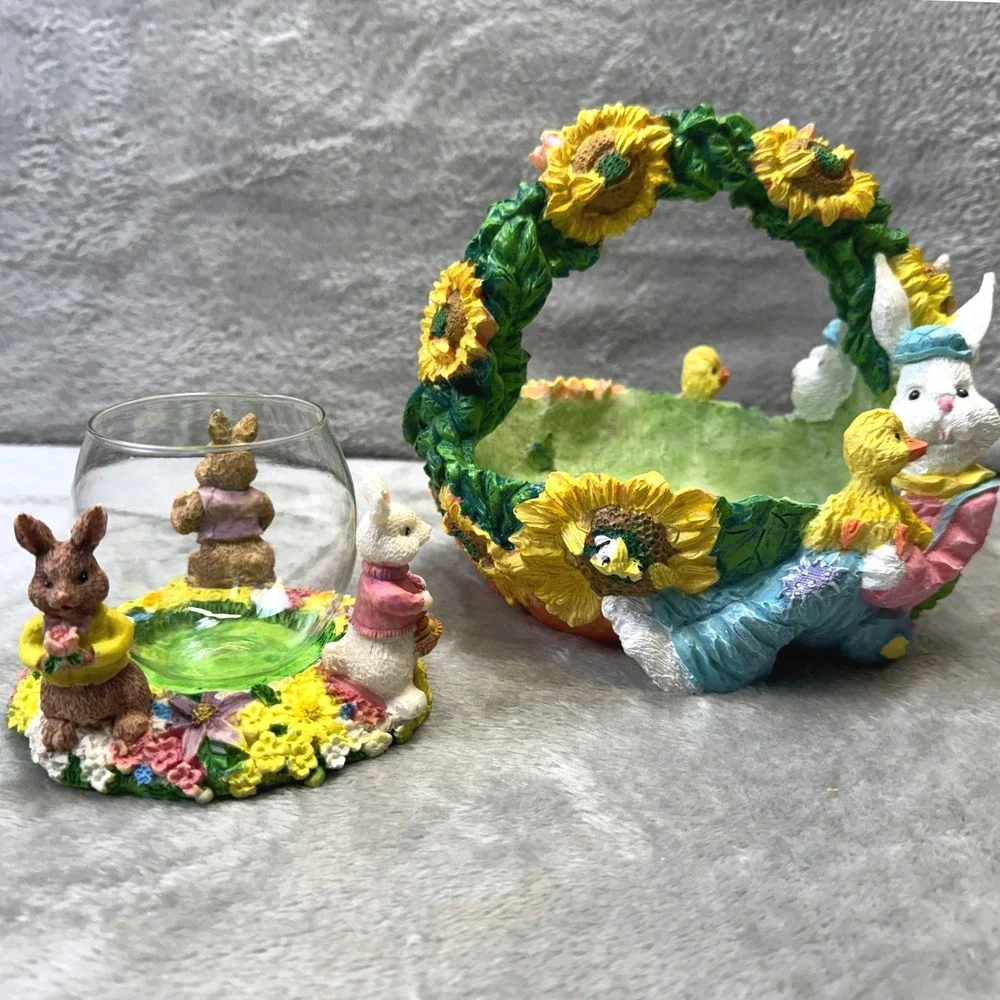 Easter Bunny Sunflower Resin Basket‎ and Votive Candle Holder Spring Lot 2 Vtg.