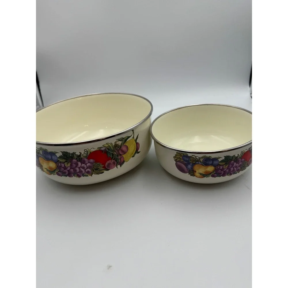 Vintage Cornucopia Enamel Nesting Mixing Bowls Set of 2 Fruit Pattern Cream 8.5