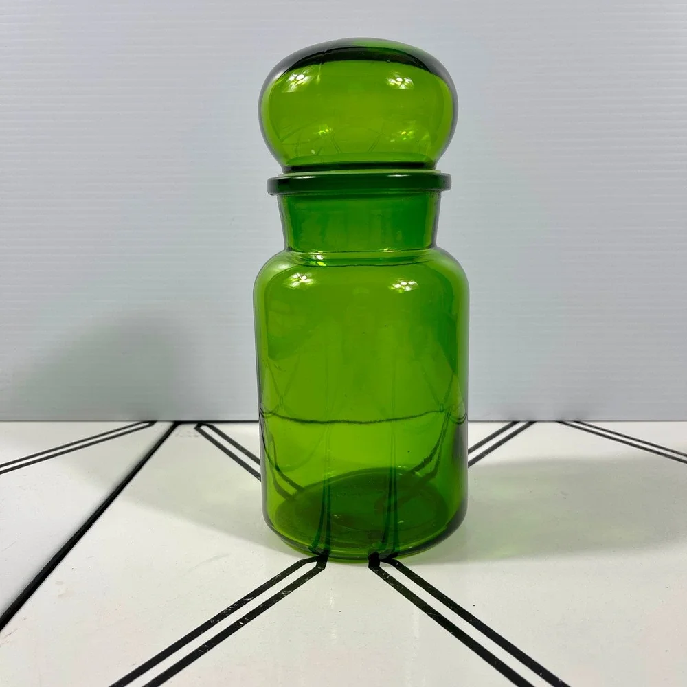 Vintage Belgium Green Glass Apothecary Jar Bubble Lid Canister‎ ~8.5-9