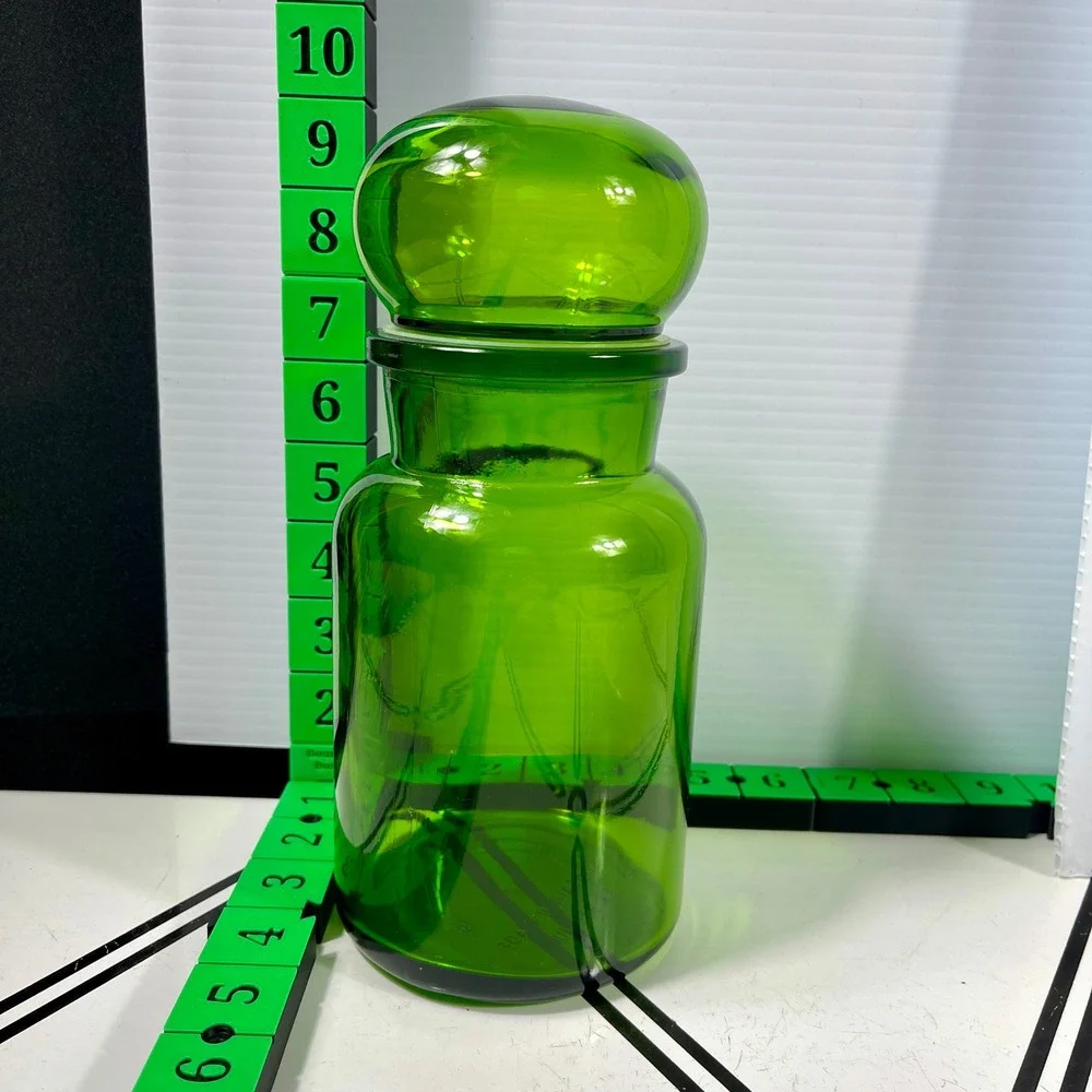 Vintage Belgium Green Glass Apothecary Jar Bubble Lid Canister‎ ~8.5-9