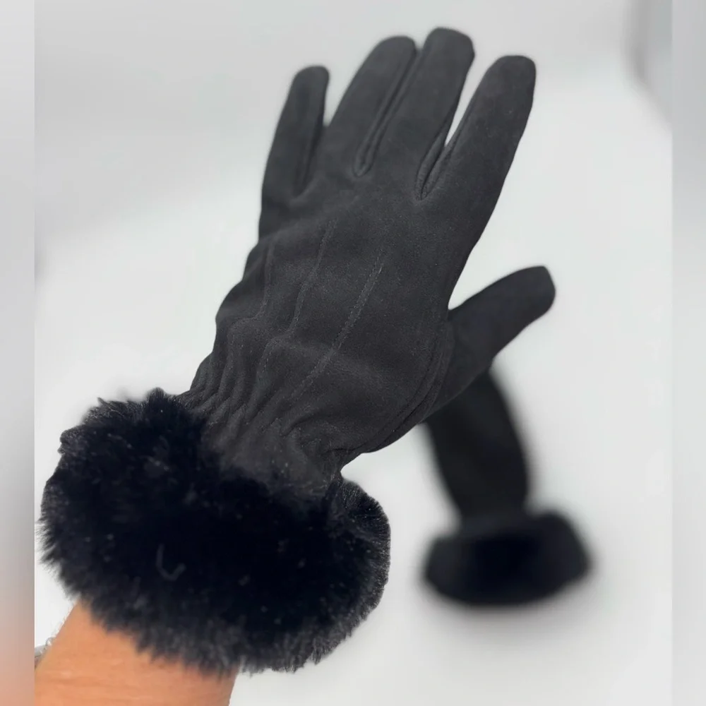 NEW Deer Suede Leather‎ Driving Gloves Skin Faux Fur Cuff Black Touchscreen Wool