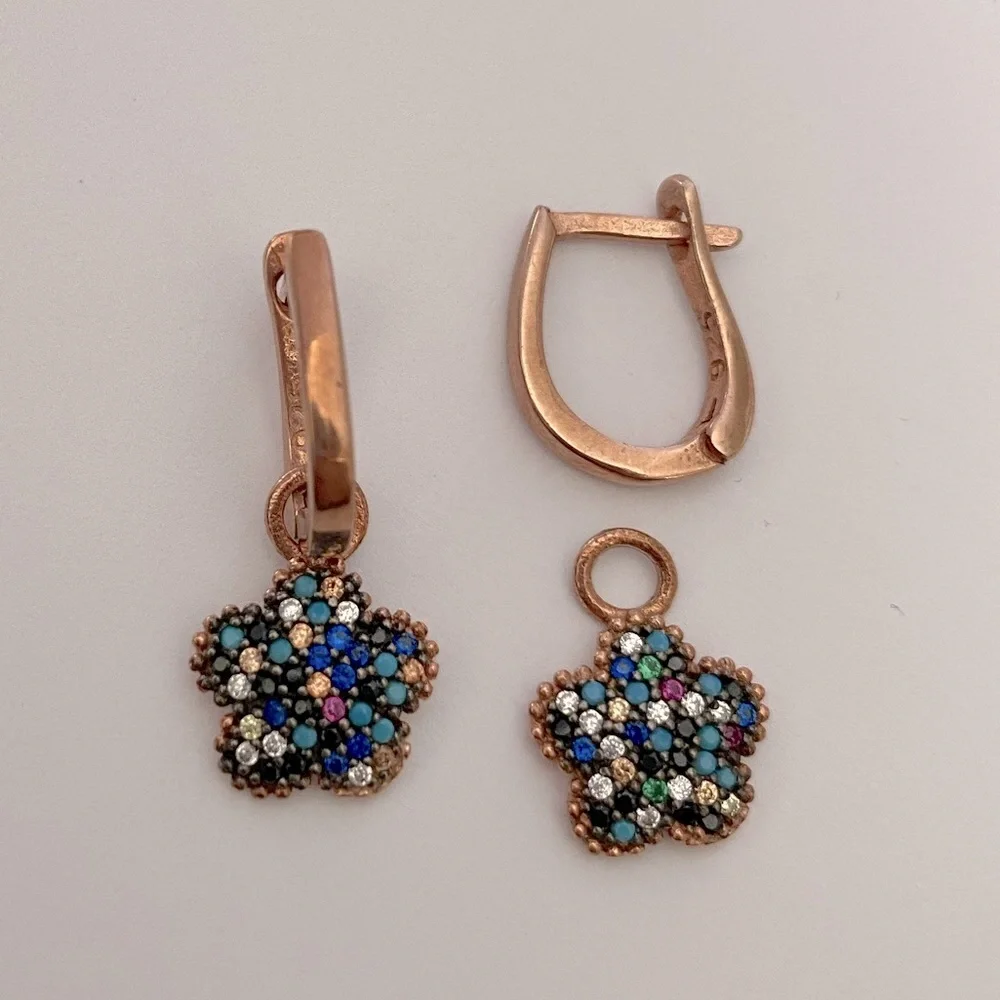 925 Silver flower earrings dangle hoop colorful cz zirconia & turquoise stones
