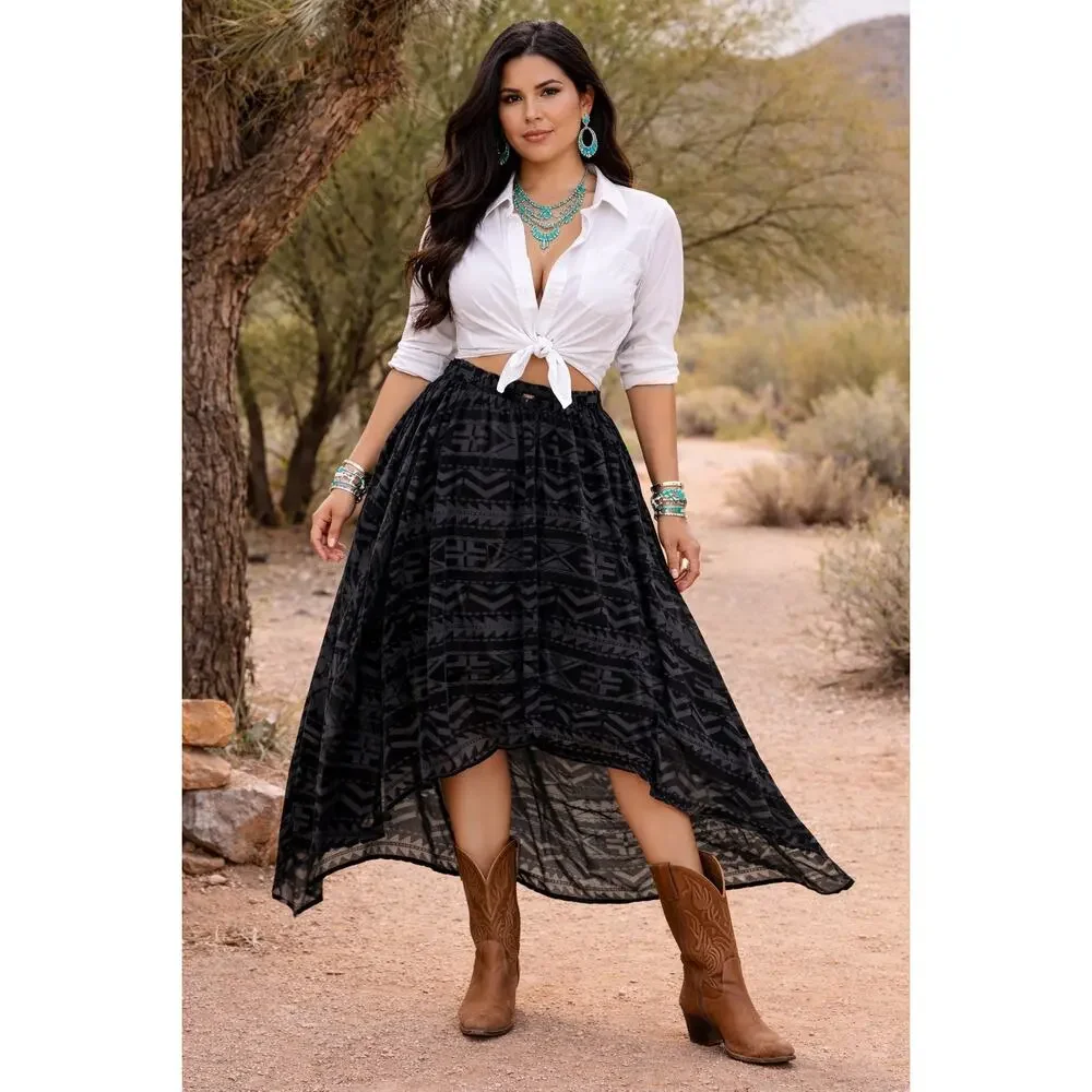 Ralph Lauren Velvet Burnout Aztec Southwest Hi-low Midi Skirt‎ XL Asymmetrical