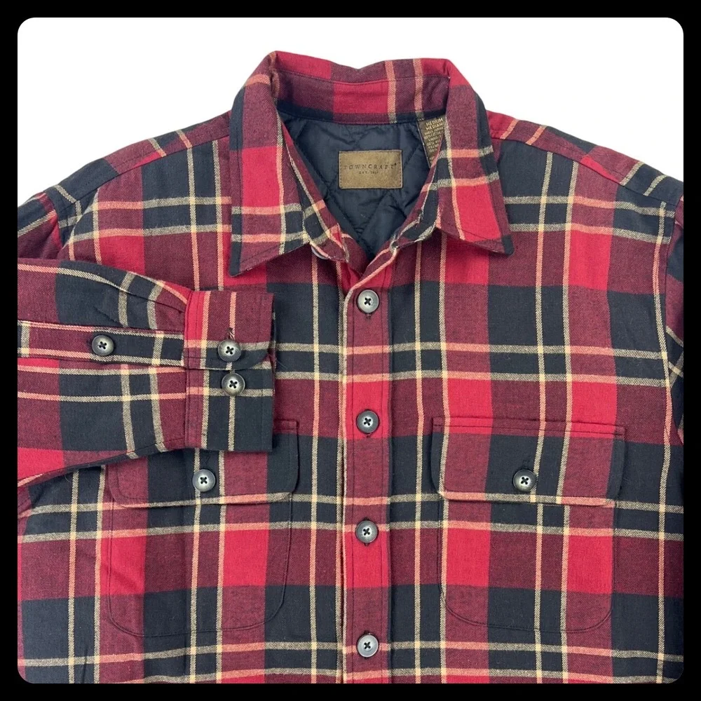 Towncraft Flannel Jacket Shacket Men's‎ MEDIUM Red Black Plaid Quilted Pockets