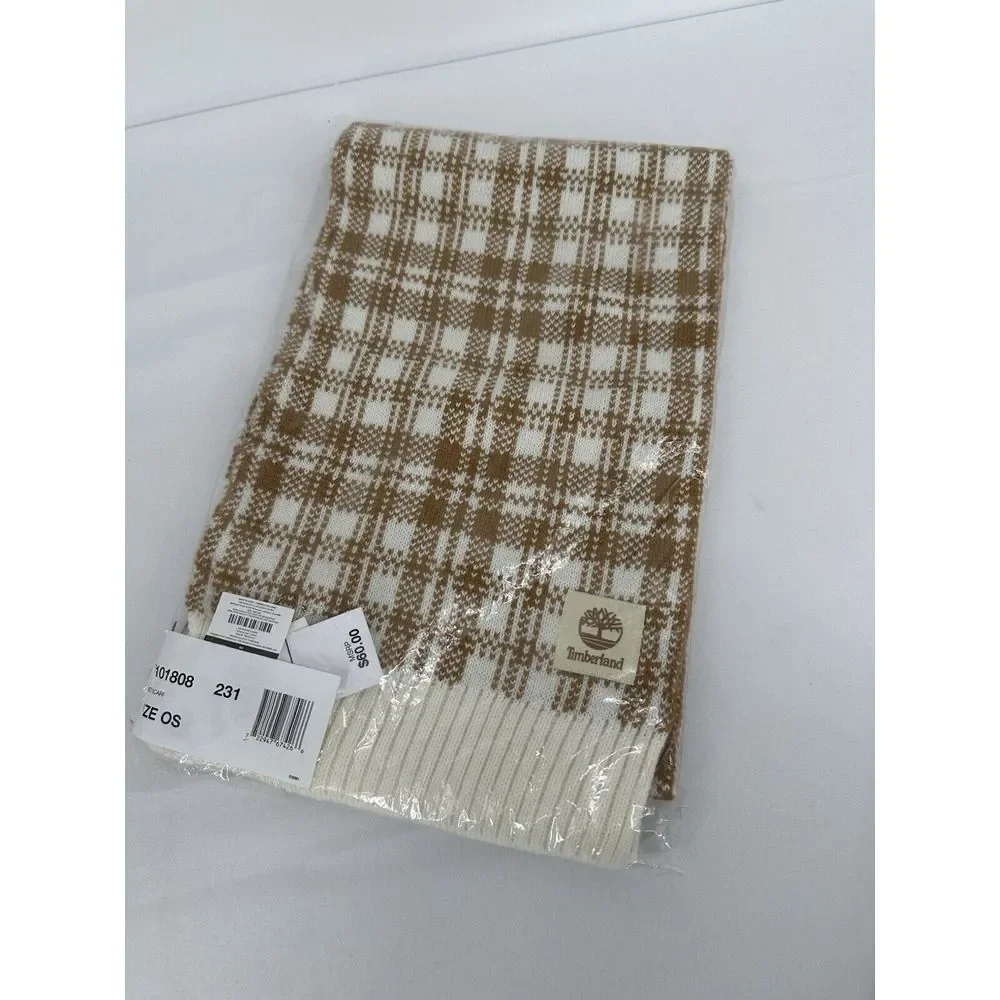 Timberland Buffalo Plaid Scarf Caramel & Cream‎ Knit Tan White One Size NWT $60