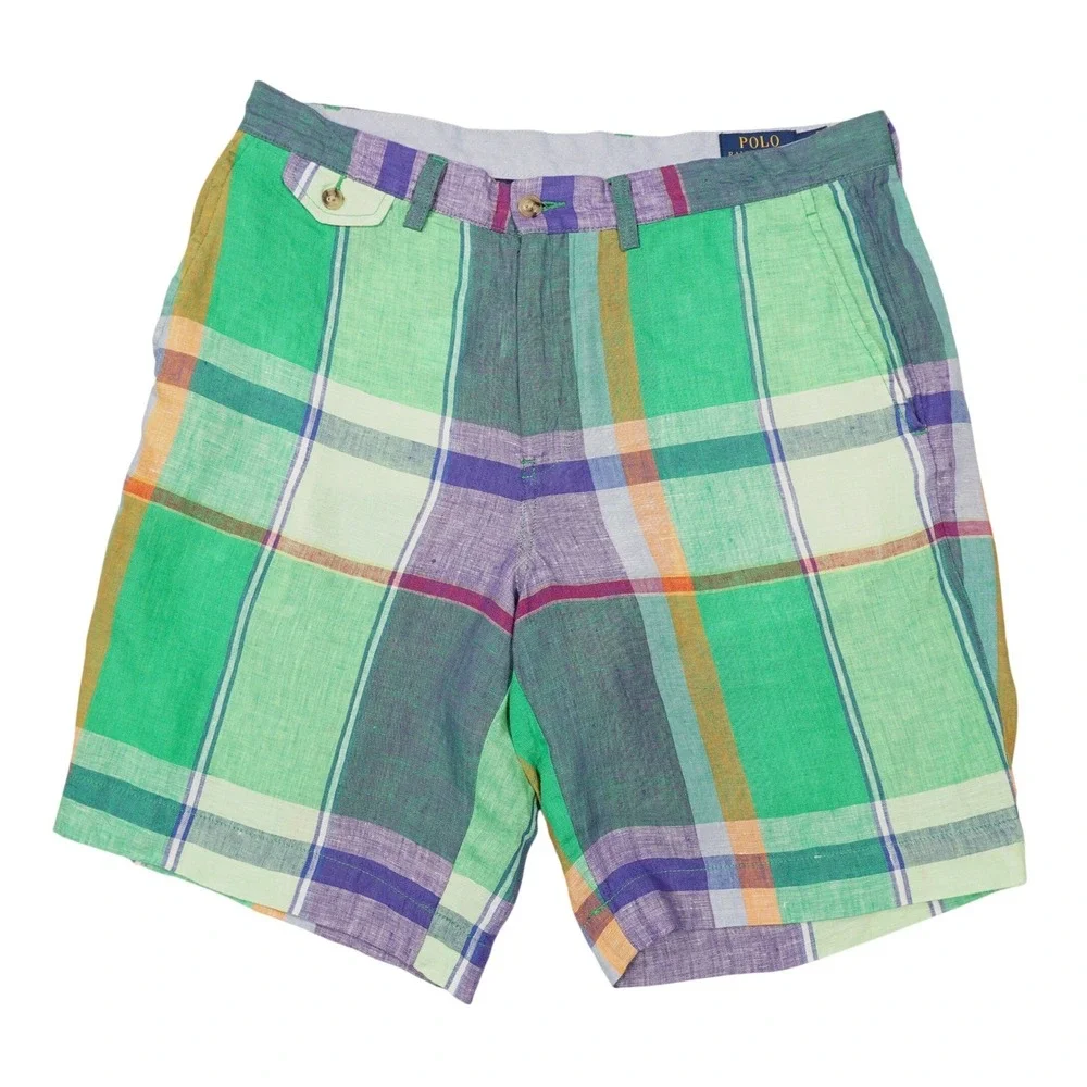 POLO RALPH LAUREN Men's 32 Multicolor 100% Linen Madras Plaid Classic Fit Shorts