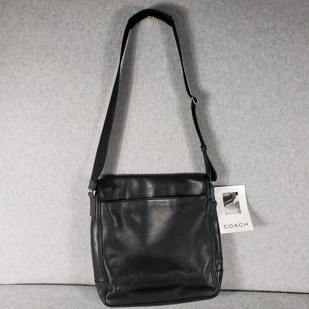 NWT Coach Black‎ Leather Messenger Crossbody Bag Adjustable Strap Buckle Unisex