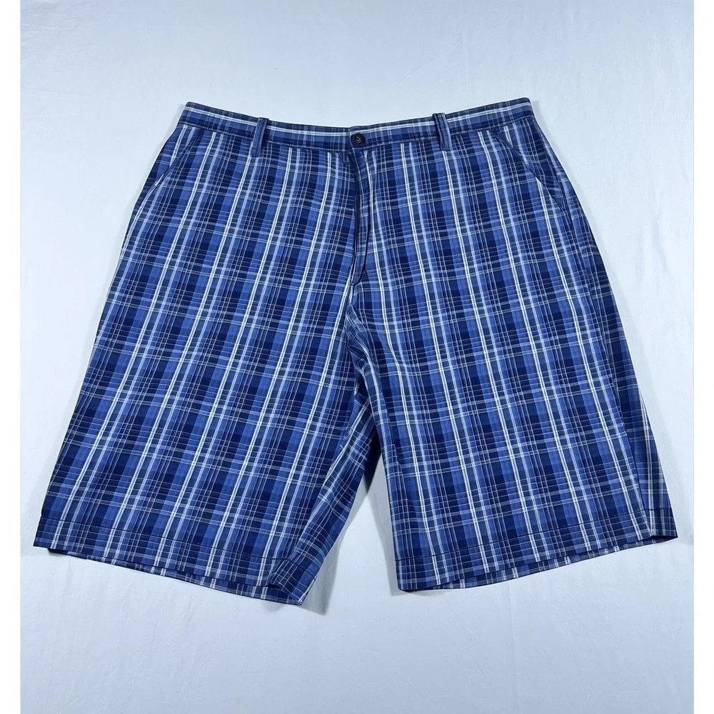 Reunion Men's Blue Plaid Flat Front Cotton Shorts Size 42