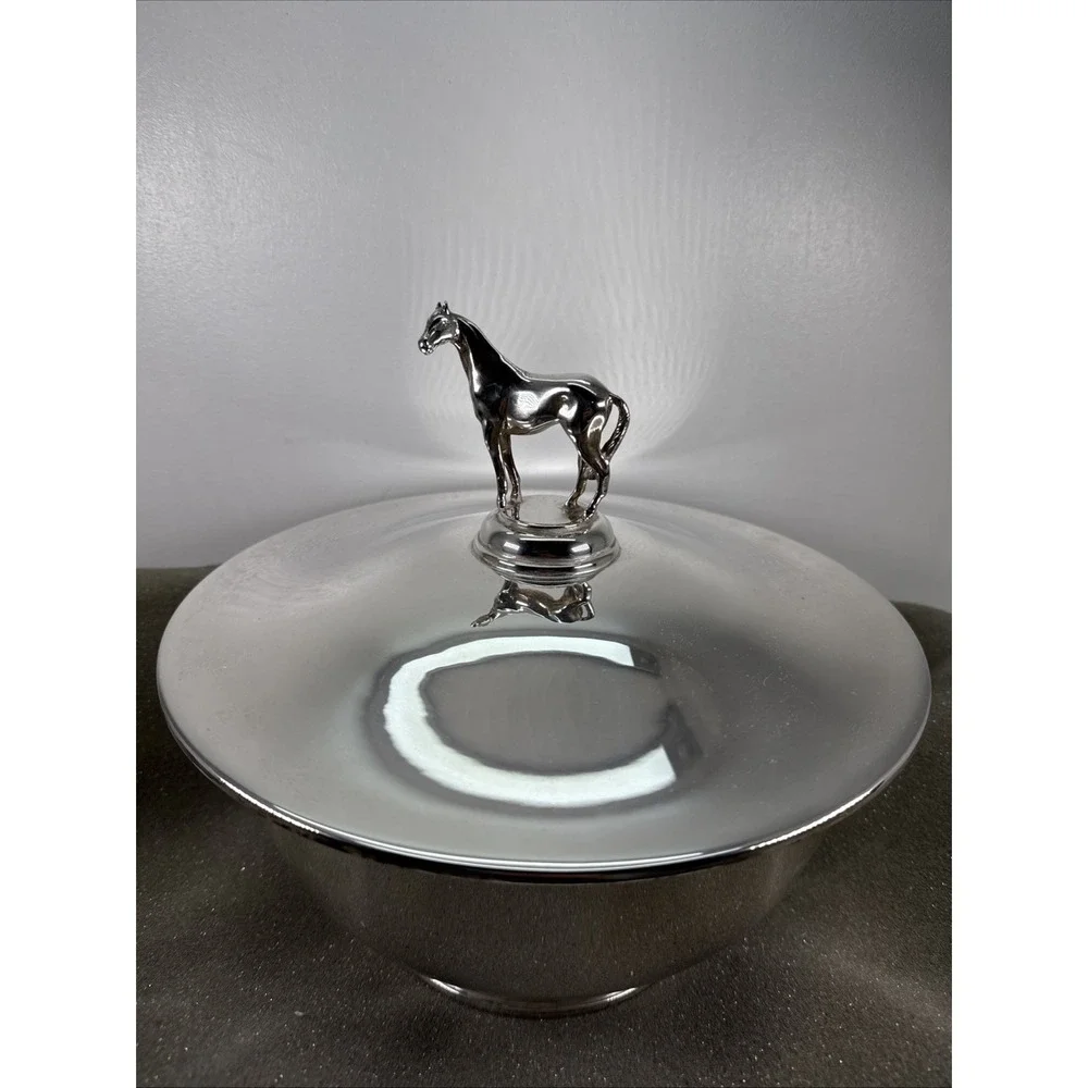 Authentic Vintage silver horse racing bowls Costume Horse On The Lid Unique.