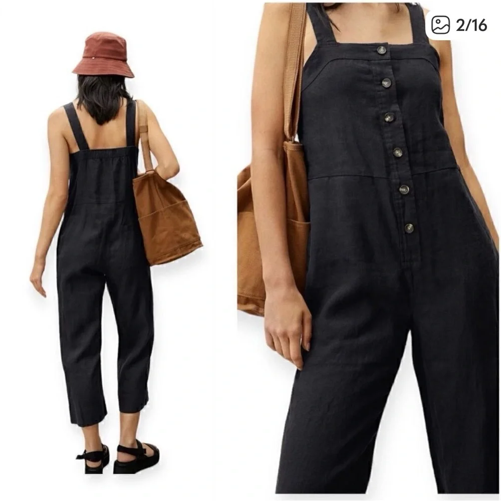 Everlane Black Linen Picnic Button Front Wide Leg Jumpsuit