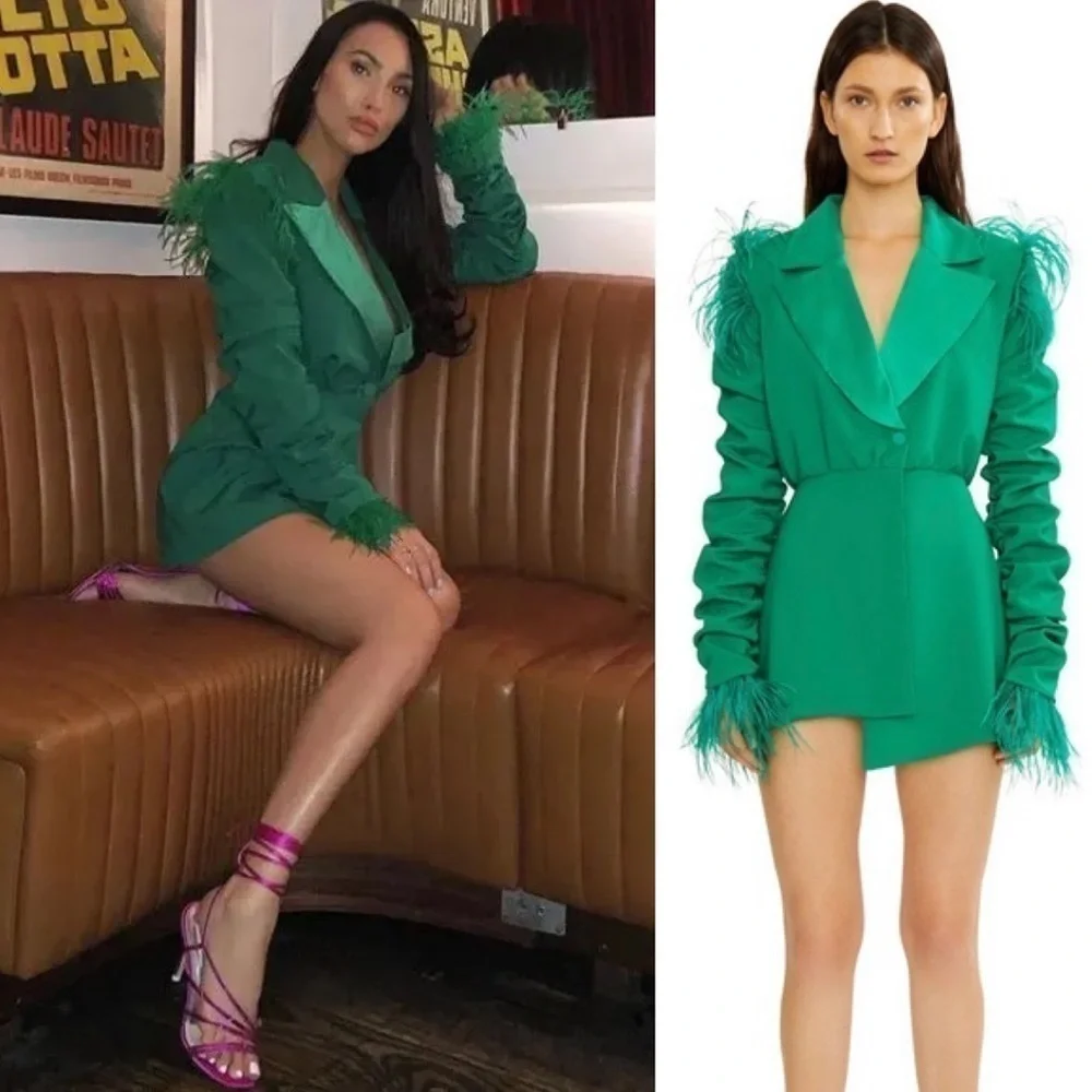 Danielle Guizio- Green Asymmetrical Blazer Dress W Ruched Sleeve Feathers Size M