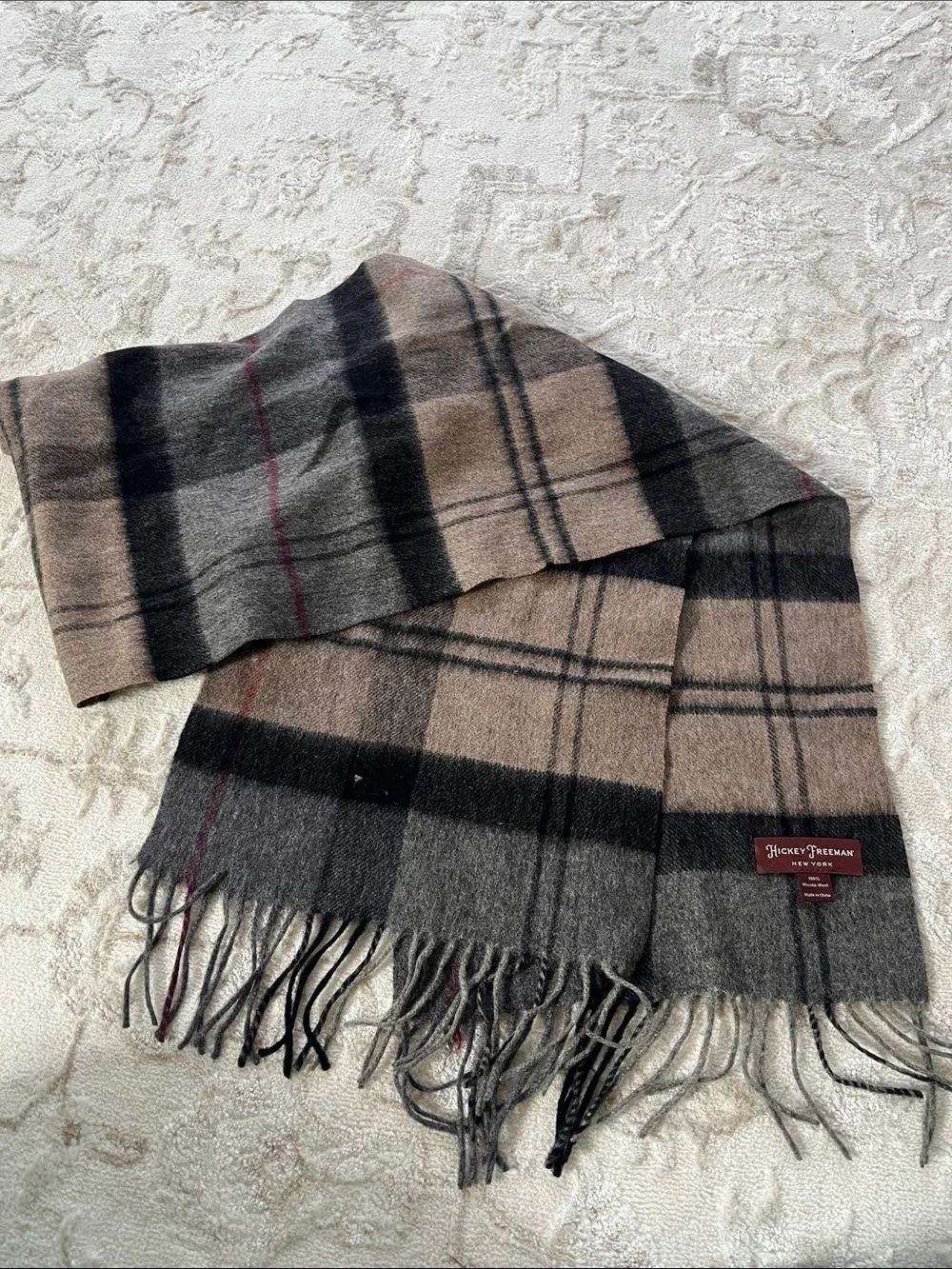 Hickey Freeman Plaid Wool Fringe Scarf