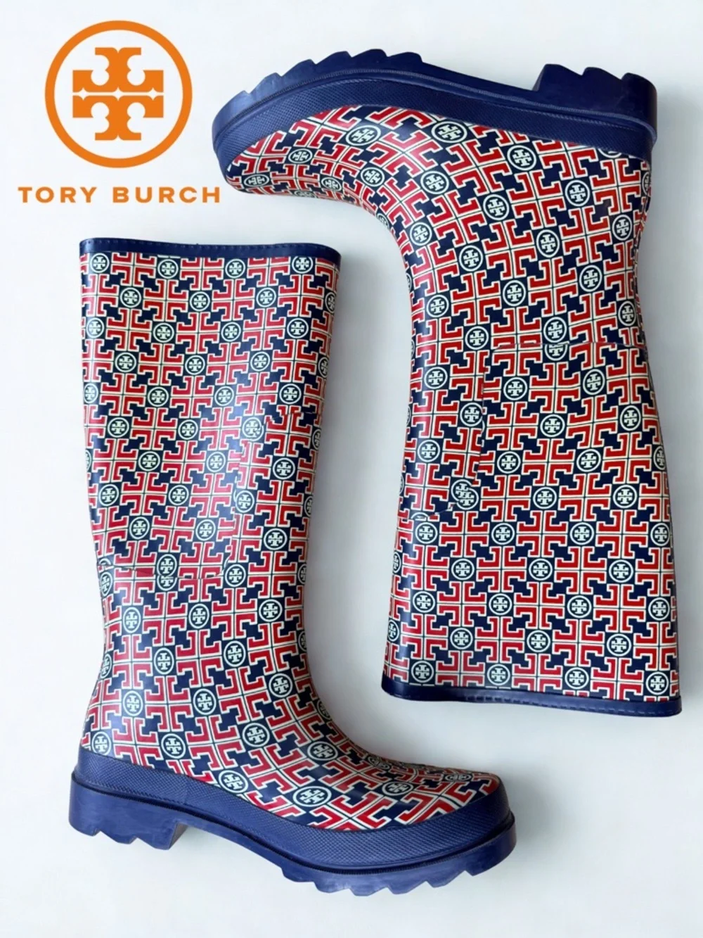 ☔️ TORY BURCH Navy, Red & Yellow Logo Rain Boots Excellent Pre-❤️ Condition