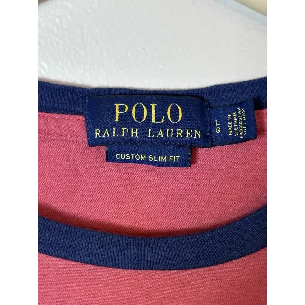 Polo Ralph Lauren T-Shirt Mens Large Coral Red Navy Striped Pocket Slim Nautical