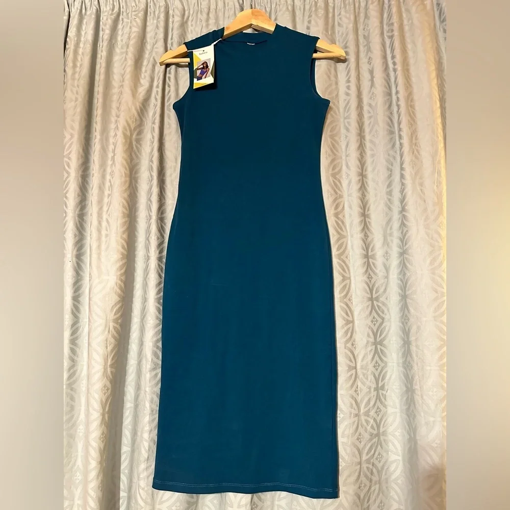 NEW Halara Crew Neck Bodycon Sleeveless MIDI Dress Cotton Aegean Blue Sz Small