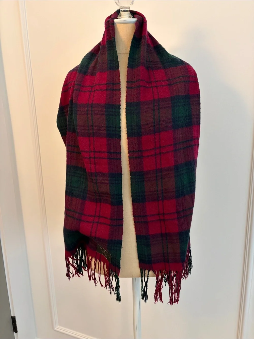 Beautiful Tartan Plaid Fringe Scarf in Red and Dark Green, 55”