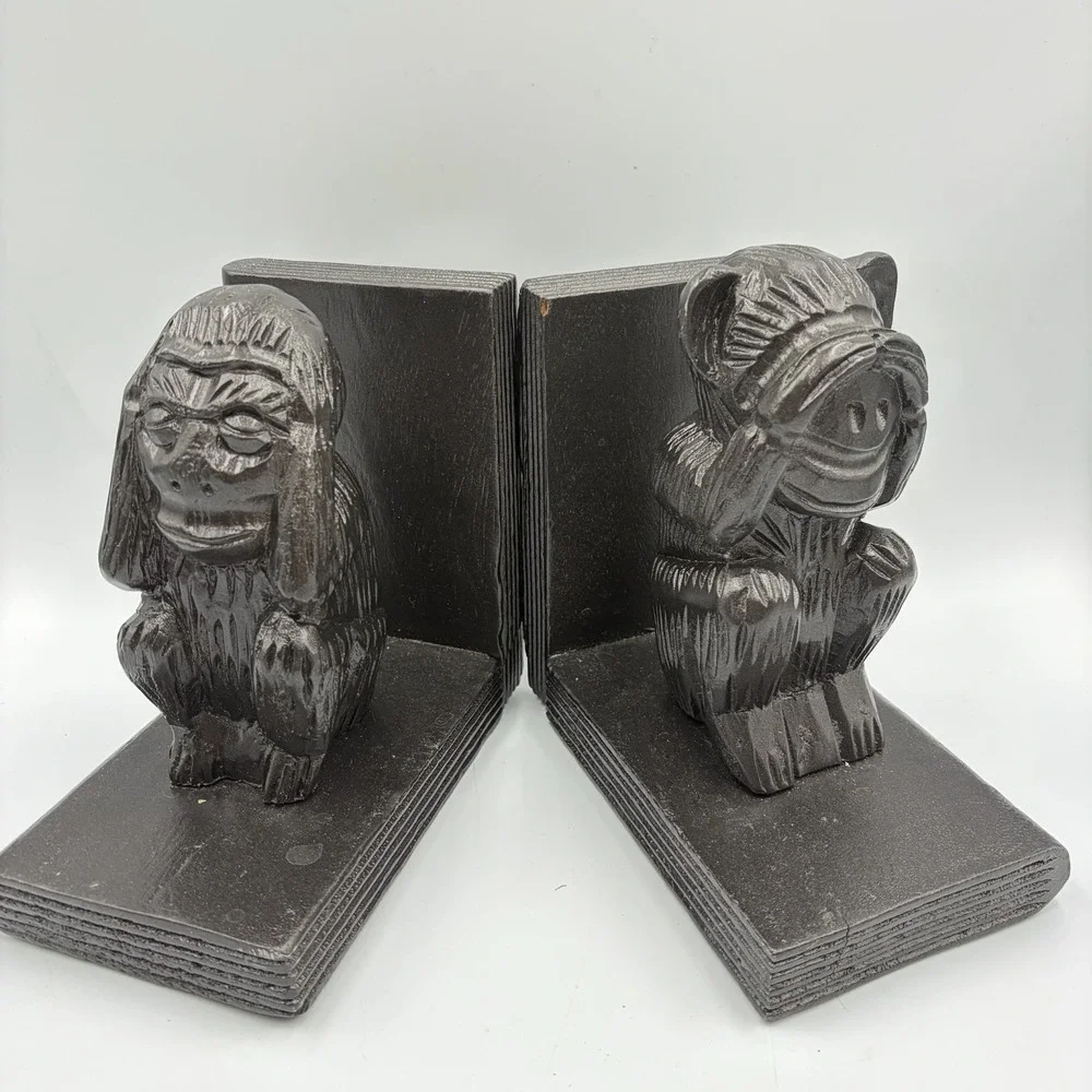 VTG Decorative See No Evil Hear No Evil Monkey Bookend Pair Carved  Rustic MCM