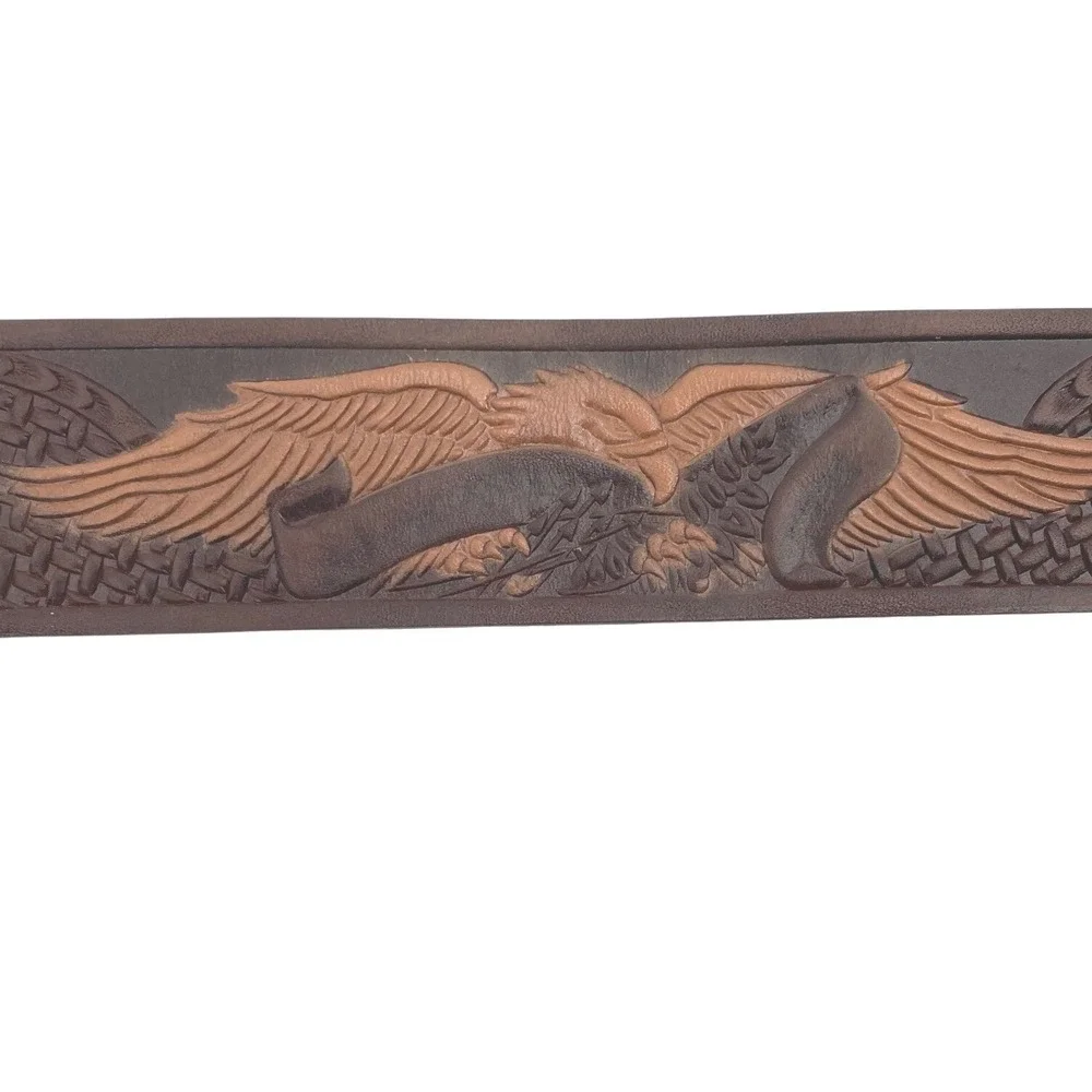 Vintage Western Belt Mens 50 Brown Top Grain Leather Tooled Eagle Brass Buckle