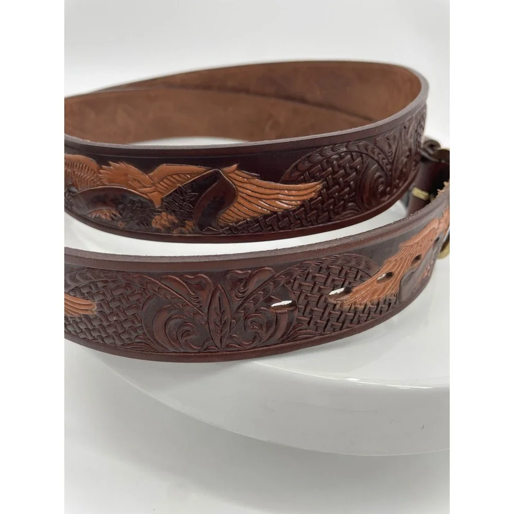 Vintage Western Belt Mens 50 Brown Top Grain Leather Tooled Eagle Brass Buckle