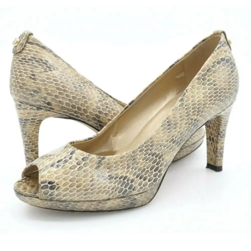 Stuart Weitzman | Plainfield Snake Skin Patent Leather Pumps Peep Toe Tan 7.5 N