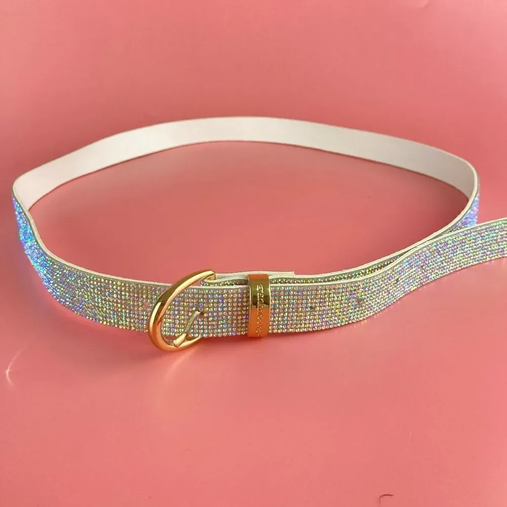 JUICY COUTURE SILVER RHINESTONES GOLD BUCKLE WHITE LEATHER BELT