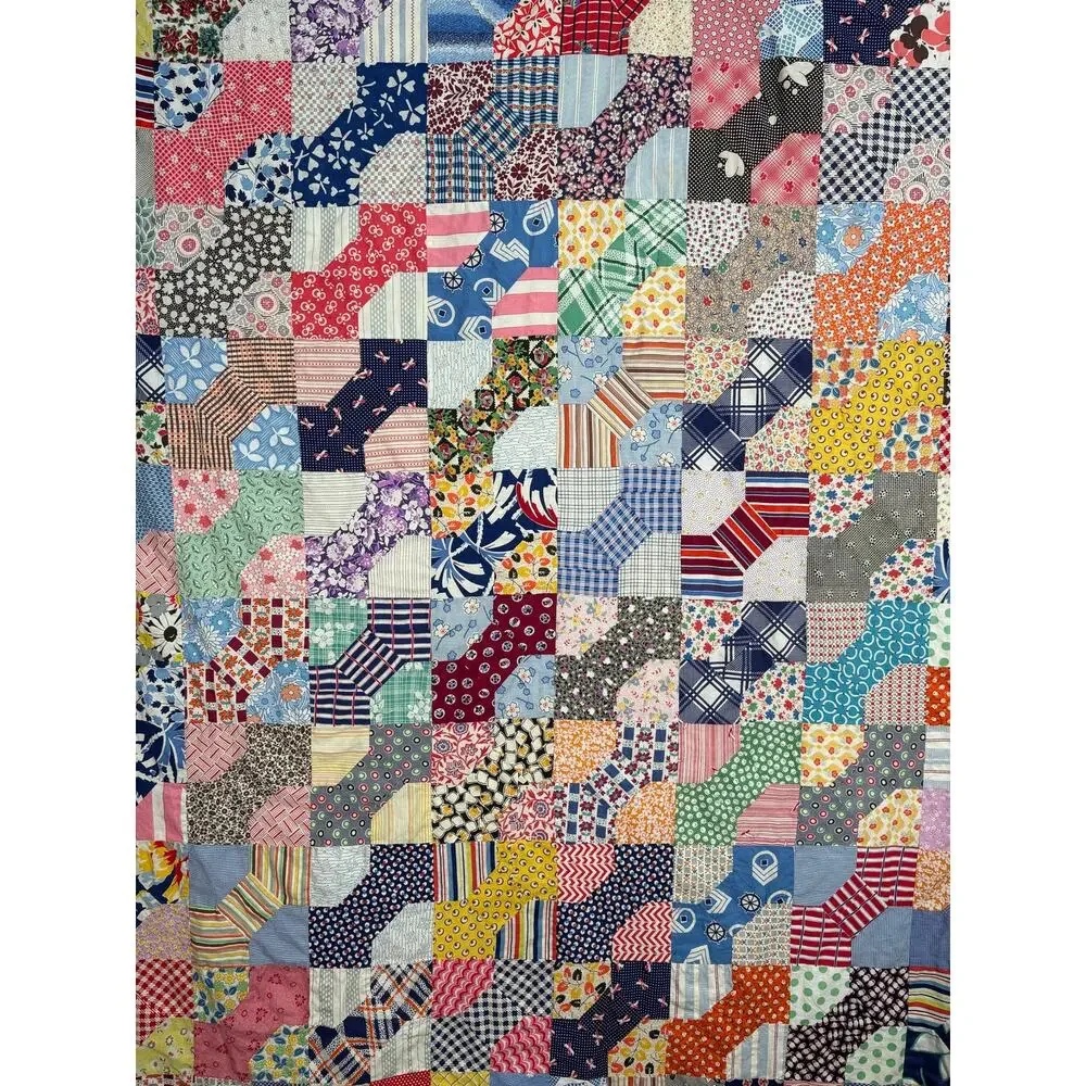 Vintage Colorful Feedsack Bowtie Quilt Handmade Cotton Fabric Farmhouse Cottage
