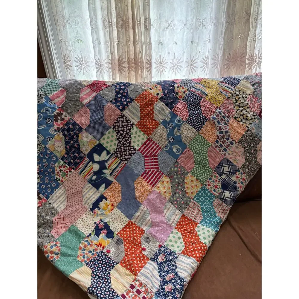 Vintage Colorful Feedsack Bowtie Quilt Handmade Cotton Fabric Farmhouse Cottage