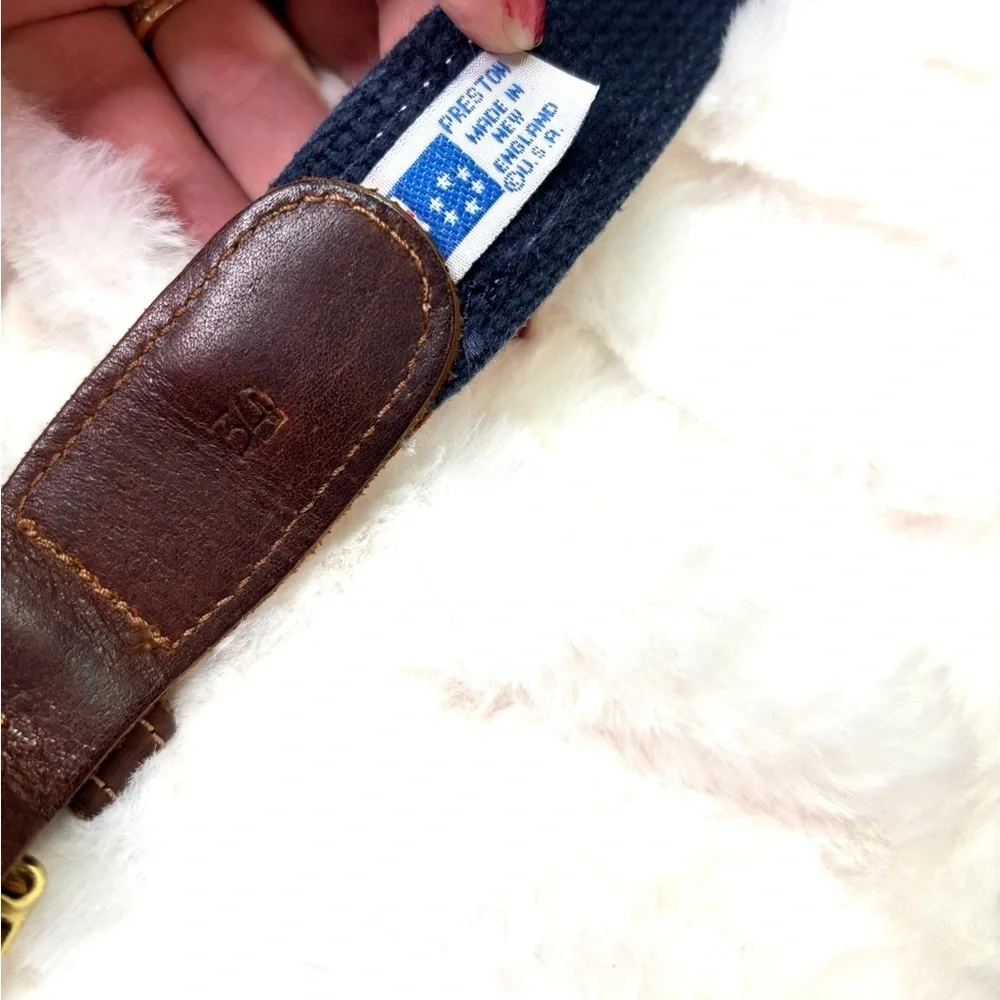 Preston Men’s Boating Oar Navy Blue Belt with Brown Leather And Gold Buckle 34”