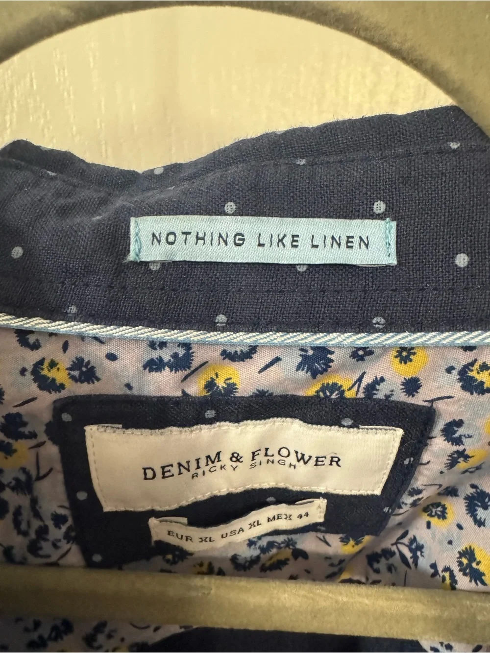 Denim & Flower 100% Linen Navy Short-Sleeve Dot Button-Down Shirt