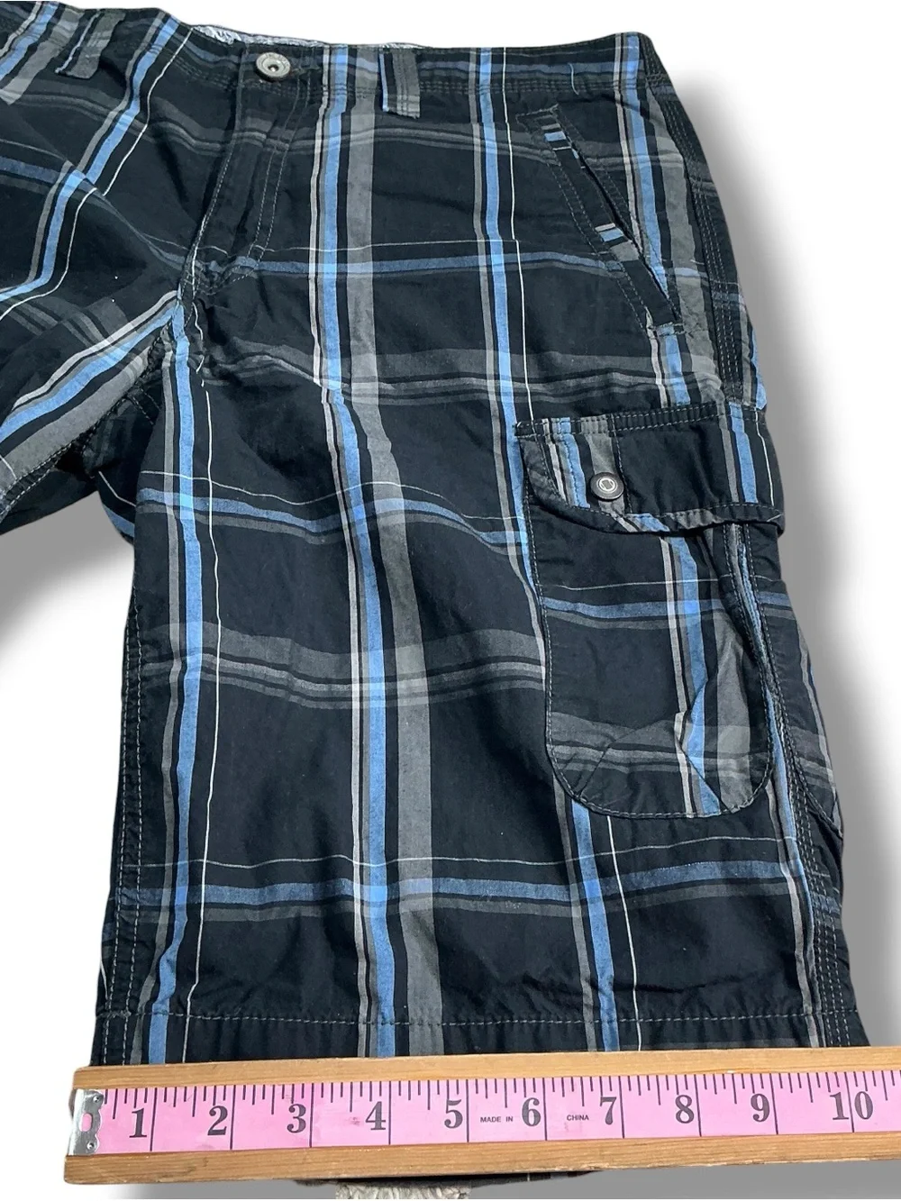 INC International Concepts Black and Blue Plaid Cargo Shorts