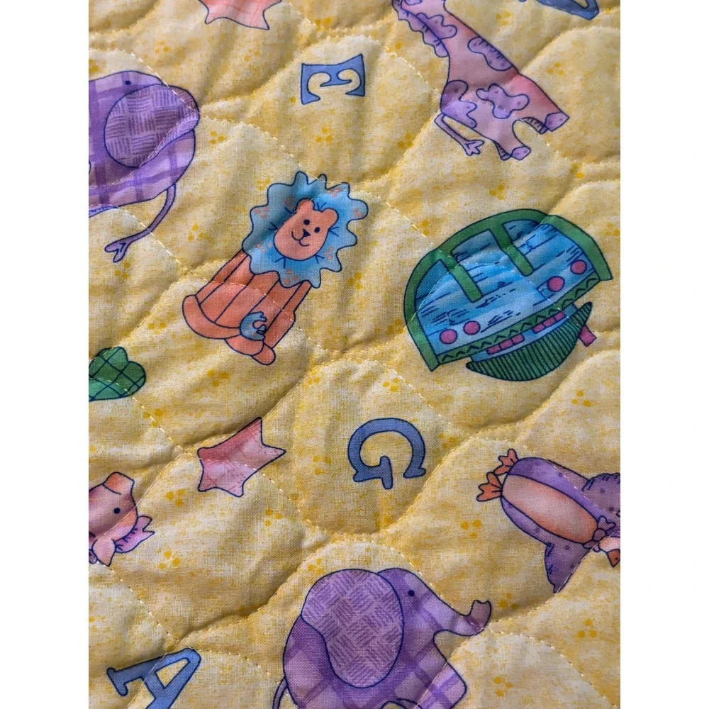 1990s  Baby Quilt Alphabet Animal Noahs Ark Nursery Blanket Yellow Pastel 34x41