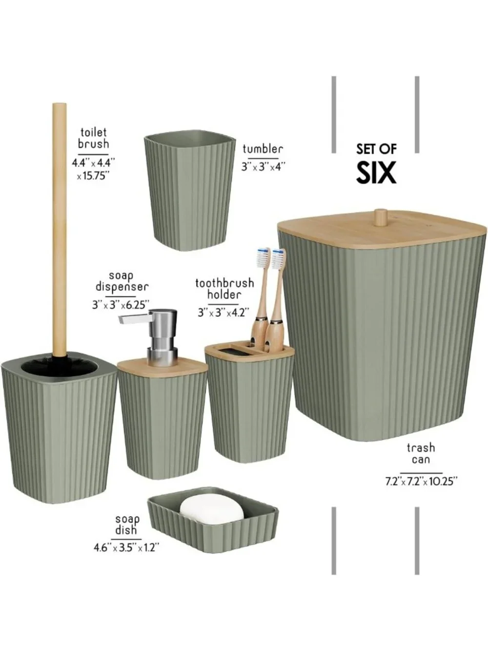 Sage Green 6PC Bathroom Accessories Set - Toilet Brush, Trash Can & Soap