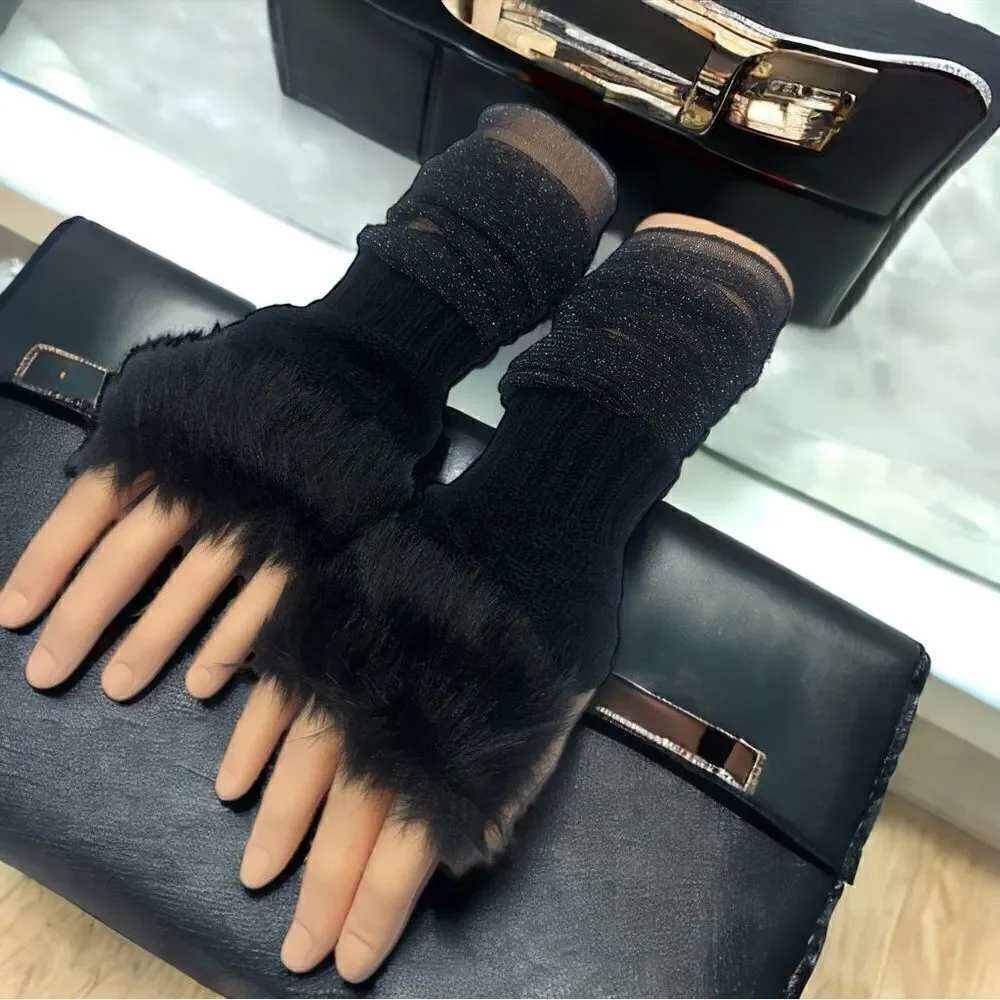 SXY l Custom Set l Elegant Black Arm Sleeves (Sheer) Fuzzy Fingerless Gloves New